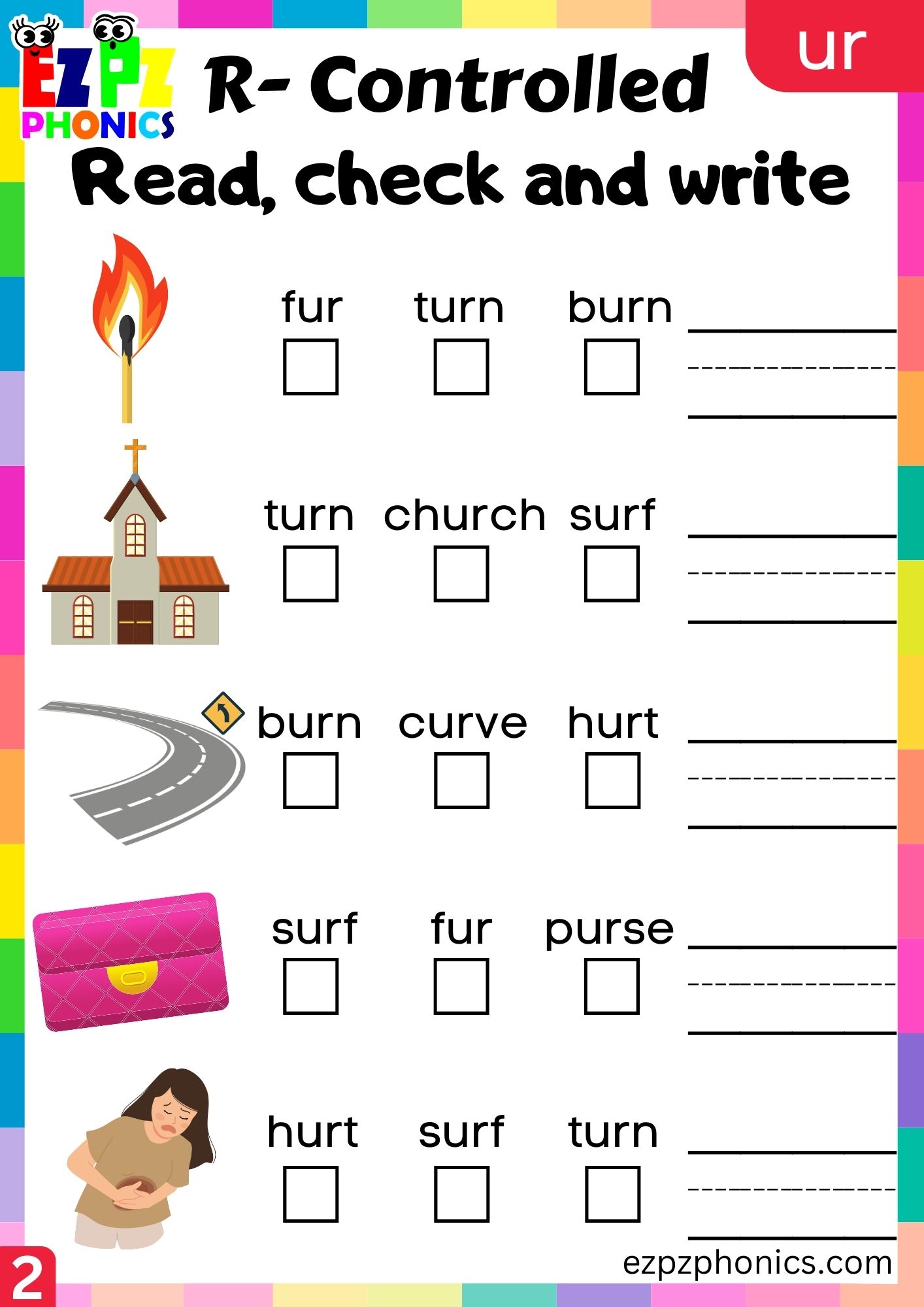 Read check and write activity for ur words R Controlled Vowels group 2